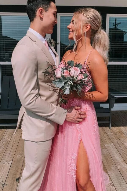 Bateau Spaghetti Straps Lace Up Appliques Tulle A-Line Party Prom Dress