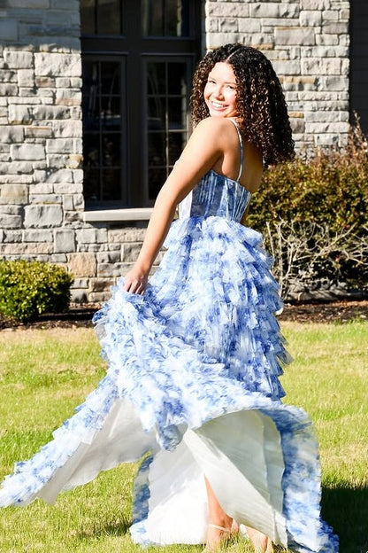 Bateau Spaghetti Straps Tiered Tulle A-Line Appliques Party Prom Dress