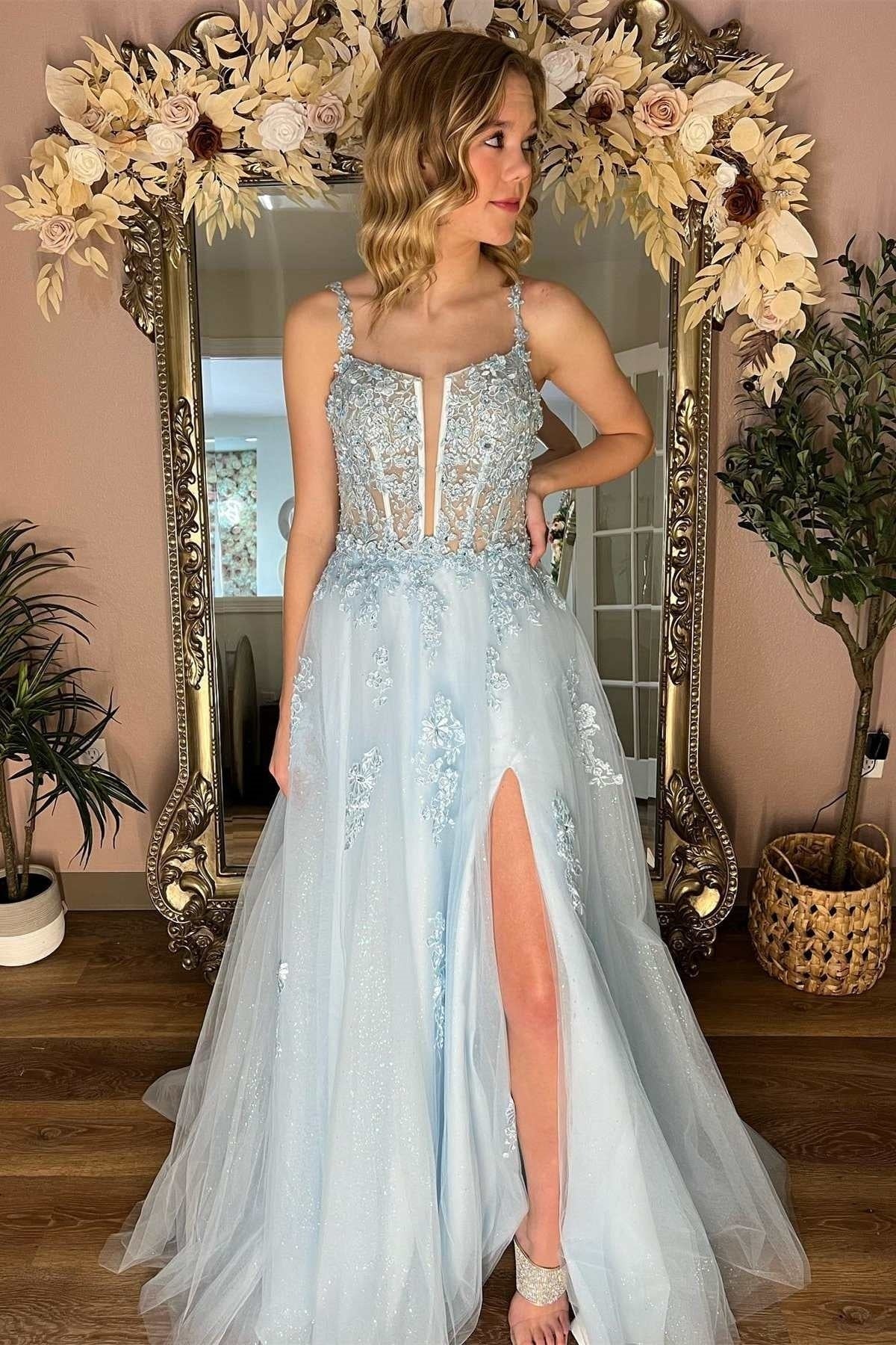 Bateau Spaghetti Straps Tulle A-Line Appliques Party Prom Dress