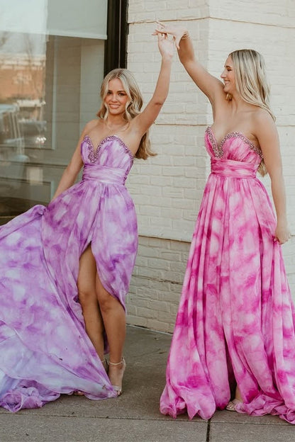 Beaded Sweetheart Strapless Chiffon A-Line Party Prom Dress
