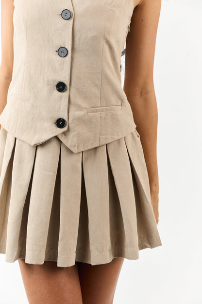 Beige Button Down Pleated Skirt Vest Style Mini Dress