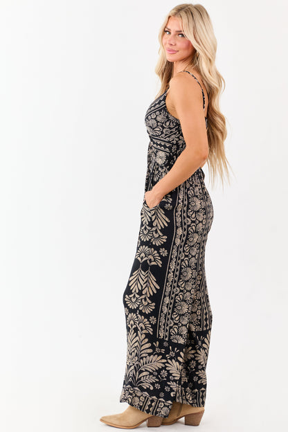 Black Abstract Floral Print Twist Front Jumpsuit