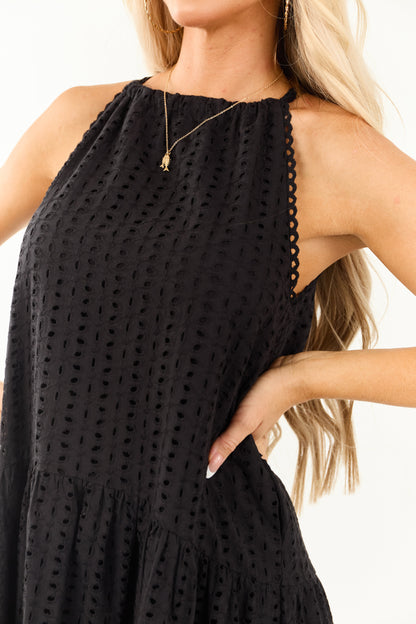 Black Eyelet Halter Tent Style Cotton Midi Dress