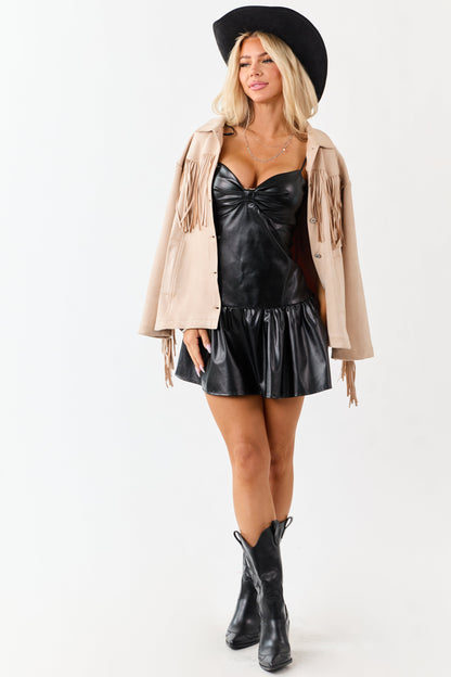 Black Faux Leather Ruffle Hem Mini Dress