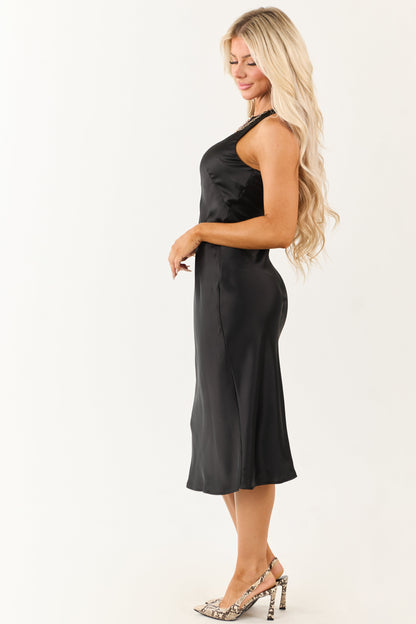 Black Satin Sleeveless Midi Slip Dress