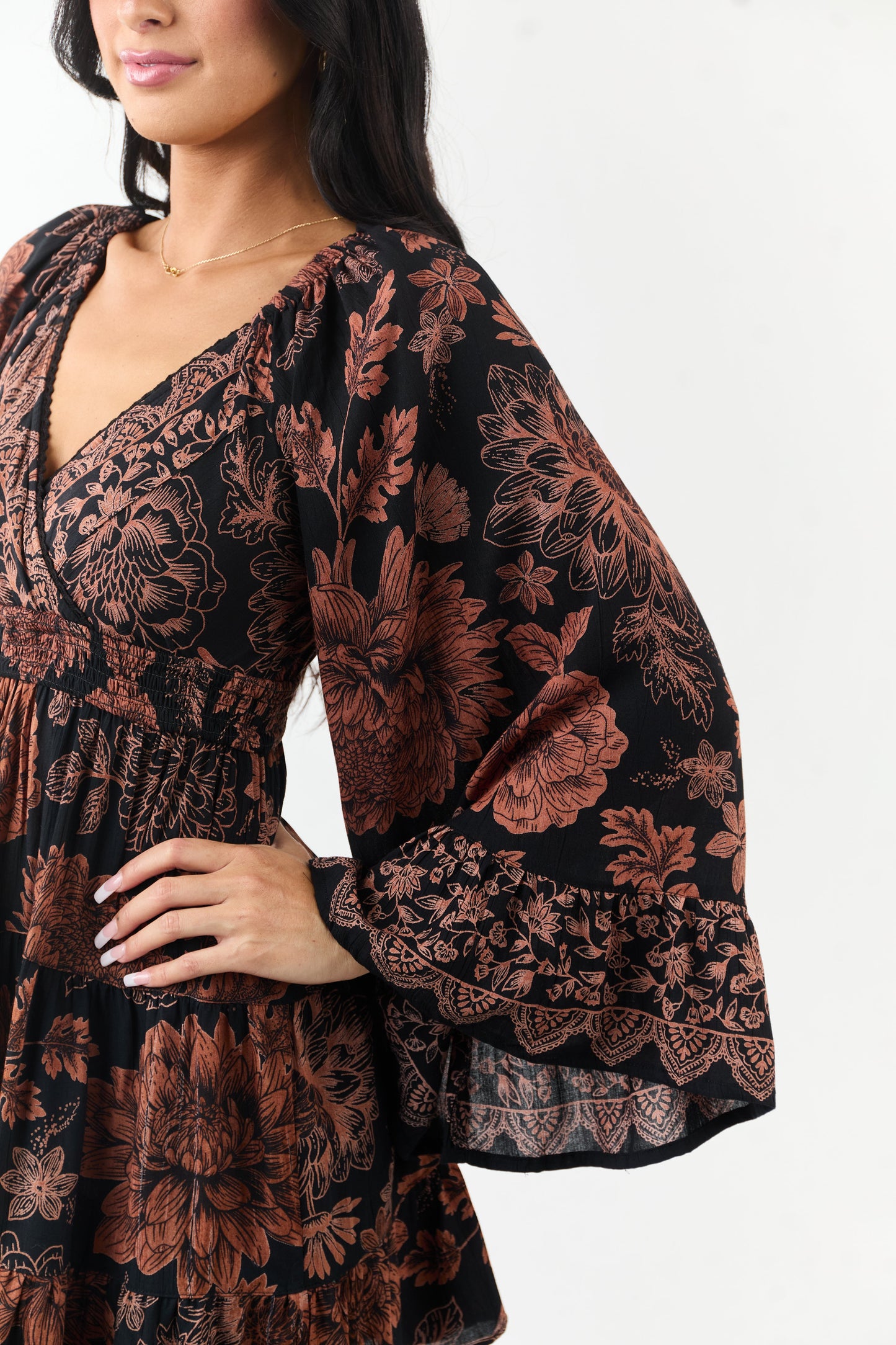 Black and Copper Floral Surplice Neckline Mini Dress