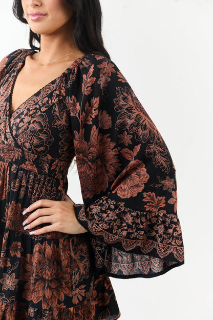 Black and Copper Floral Surplice Neckline Mini Dress