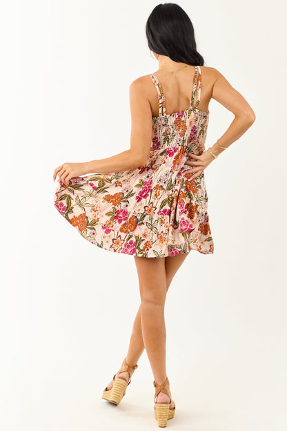 Blush Floral Print Lace Trim Smocked Mini Dress