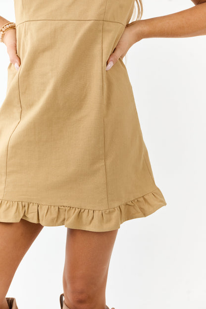 Camel Short Puff Sleeve Ruffle Hem Cotton Mini Dress