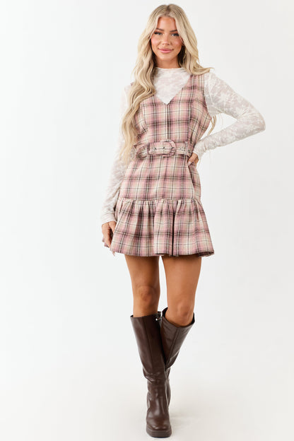 Carnation and Walnut Plaid Mini Dress with Belt