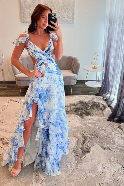 Chic A-Line V-Neck Sleeveless Ruffled Party Prom Dress