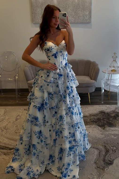 Chic Chiffon A-Line Sweetheart Strapless Floral Prom Dress