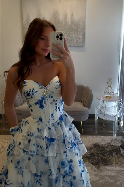 Chic Chiffon A-Line Sweetheart Strapless Floral Prom Dress