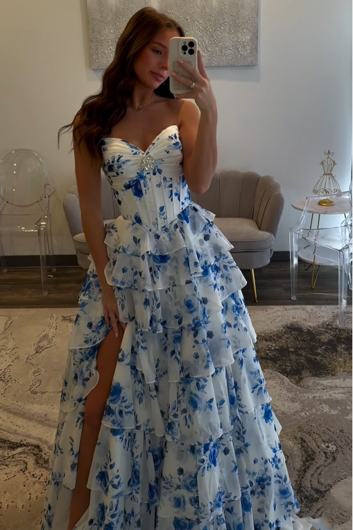 Chic Chiffon A-Line Sweetheart Strapless Floral Prom Dress