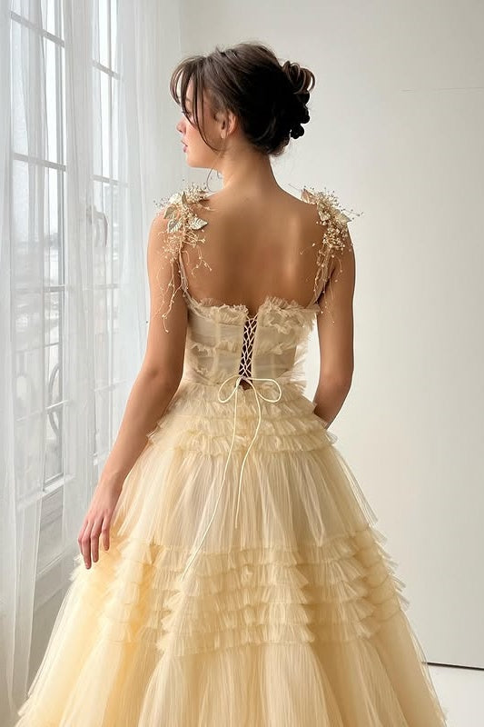 Chic Tulle A-Line Sweetheart Sleeveless Tiered Party Prom Dress