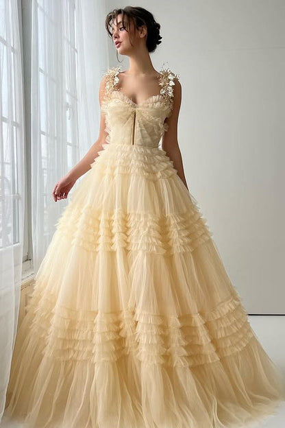 Chic Tulle A-Line Sweetheart Sleeveless Tiered Party Prom Dress
