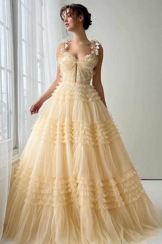 Chic Tulle A-Line Sweetheart Sleeveless Tiered Party Prom Dress