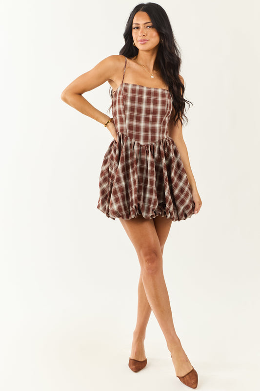 Chocolate Plaid Bubble Hem Cotton Mini Dress