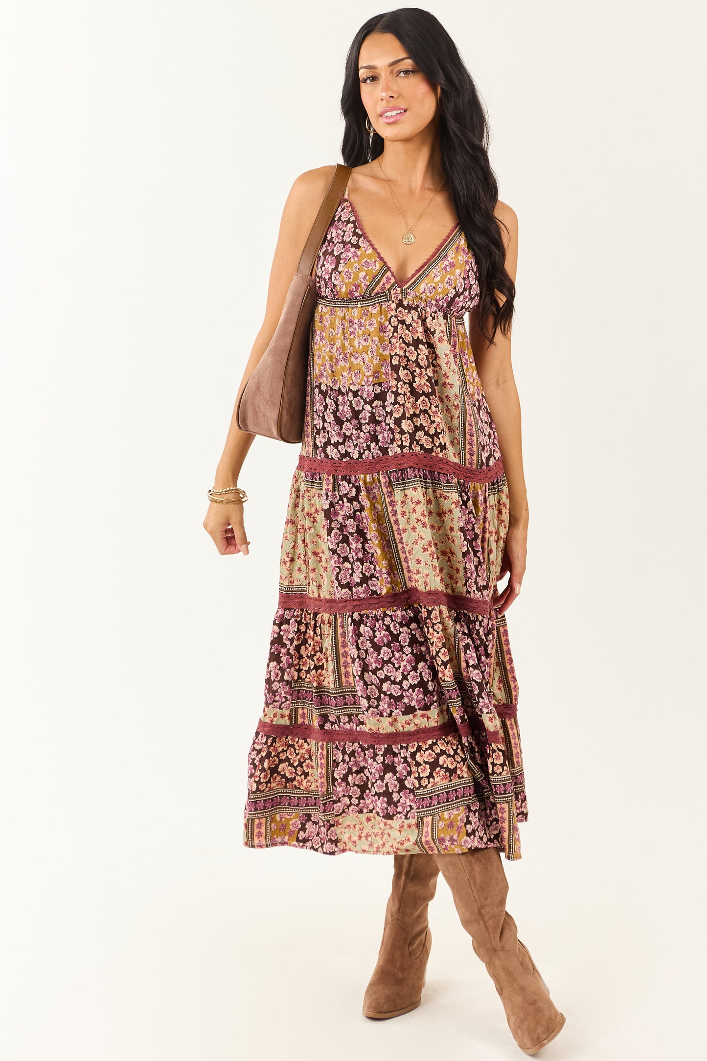 Cocoa Boho Patchwork Floral Babydoll Midi Dress