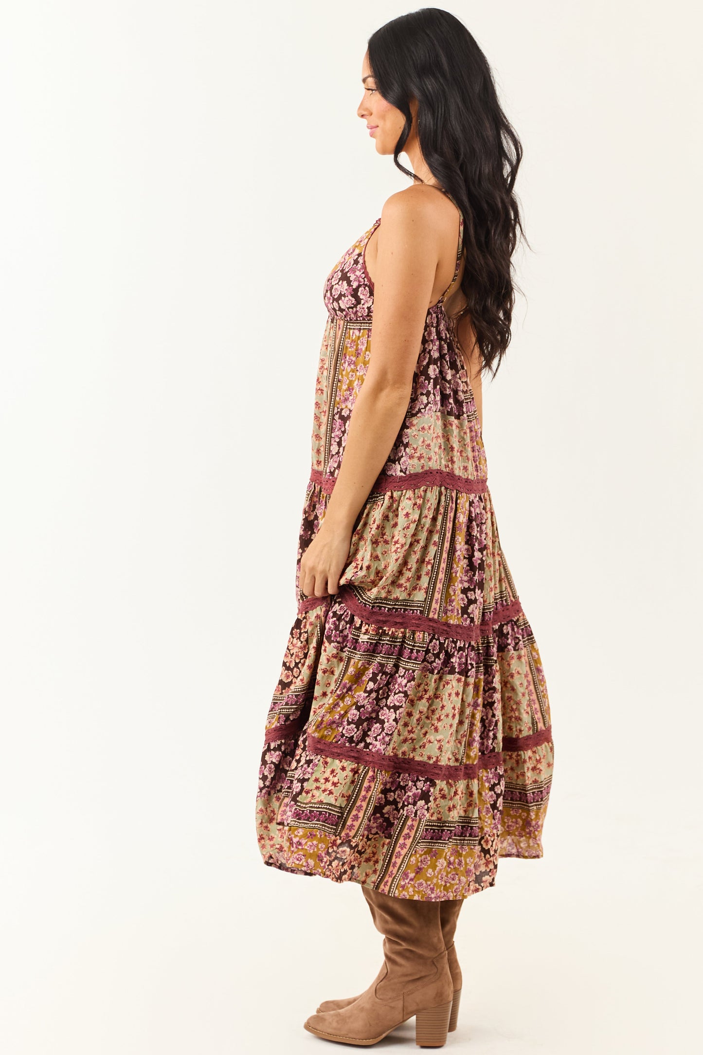 Cocoa Boho Patchwork Floral Babydoll Midi Dress