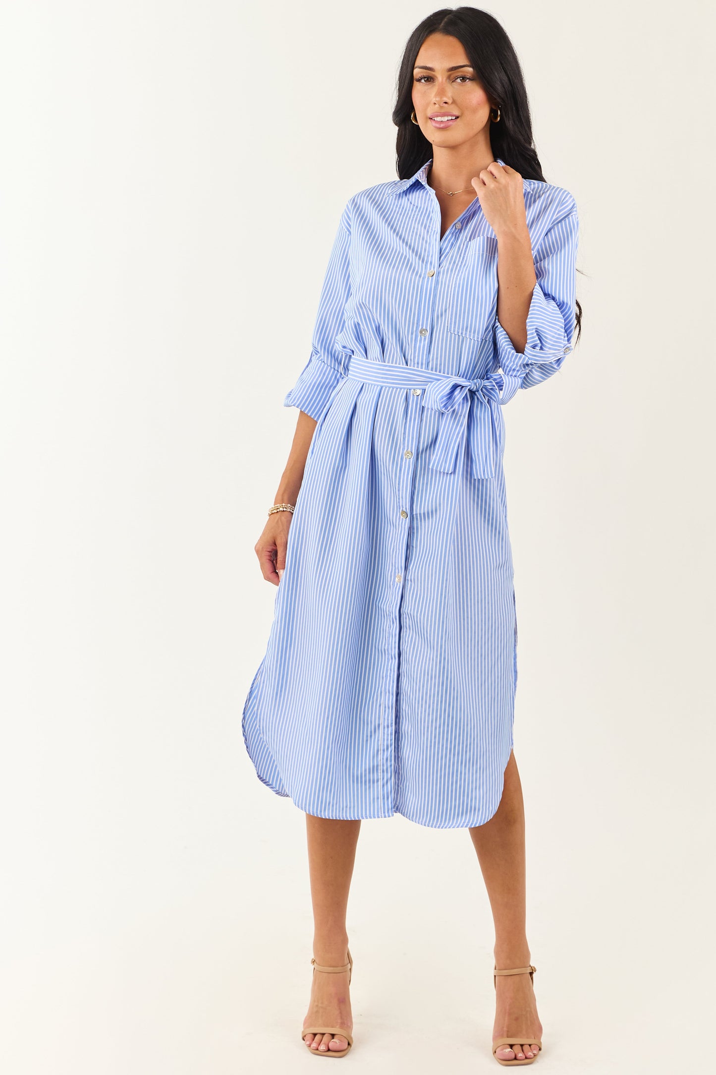 Cornflower and Ivory Striped Button Up Midi Dress