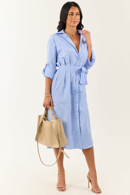 Cornflower and Ivory Striped Button Up Midi Dress