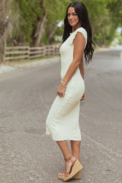 Cream Crinkle Textured Cap Sleeve Midi Dress