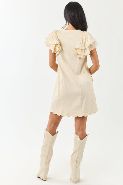 Cream Jersey Knit Scallop Hem Cotton Mini Dress