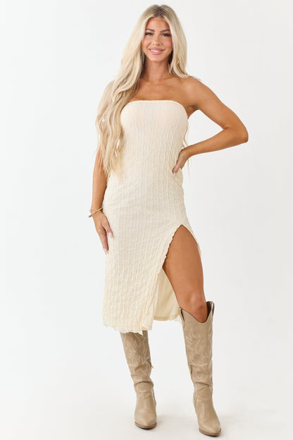 Cream Wavy Textured Mesh Strapless Midi Dress