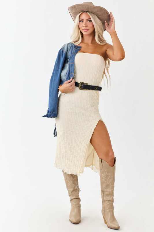 Cream Wavy Textured Mesh Strapless Midi Dress