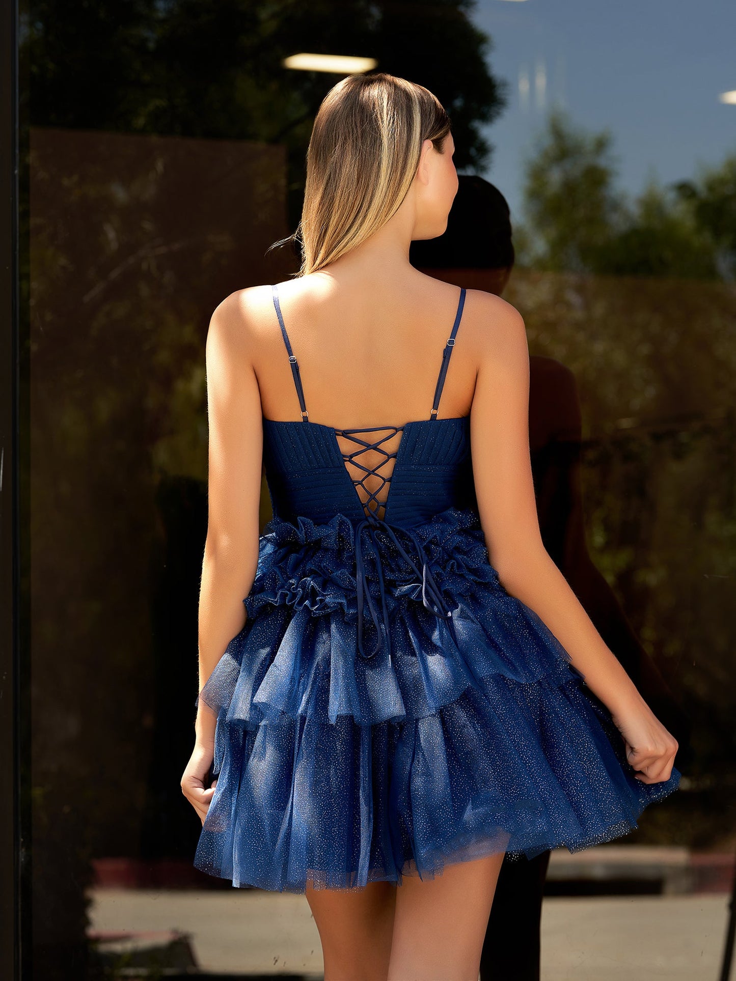 Pink A-Line Deep V Neck Tulle Tiered Homecoming Dresses