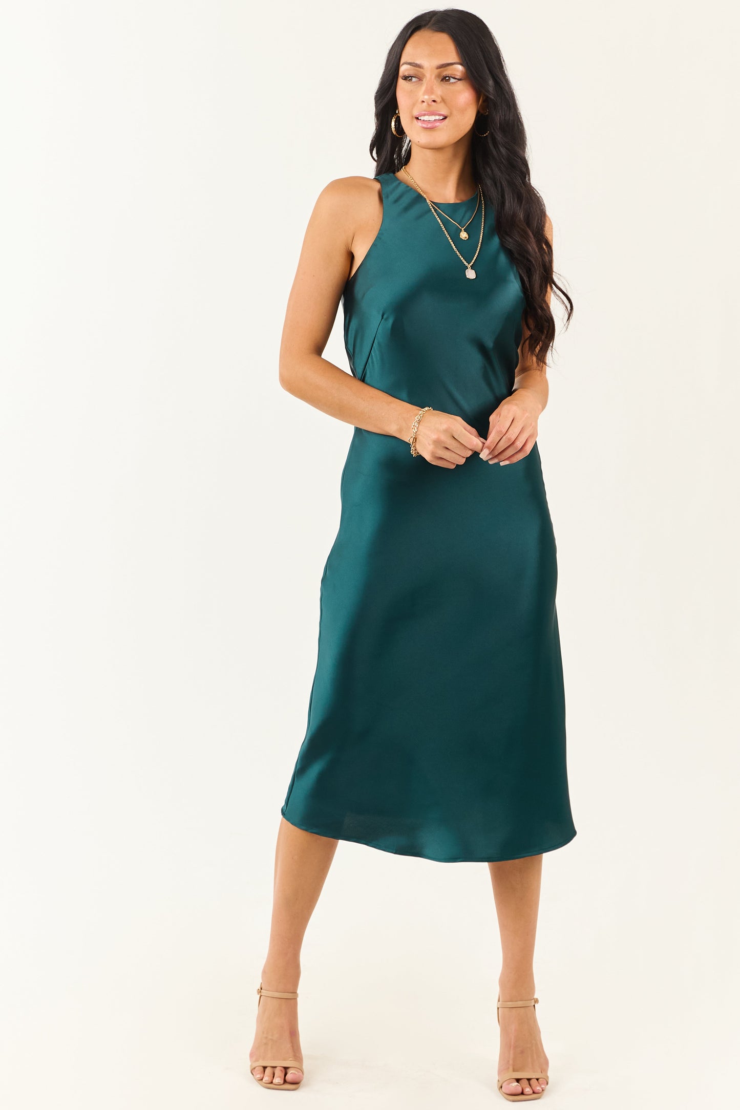 Dark Pine Satin Sleeveless Midi Slip Dress