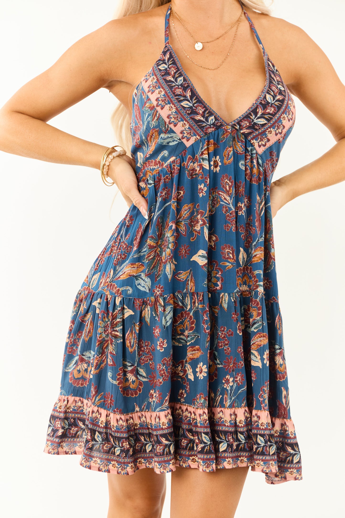 Dark Teal Halter Neck Floral Print Mini Dress