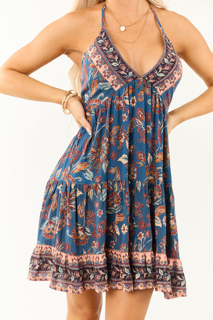 Dark Teal Halter Neck Floral Print Mini Dress