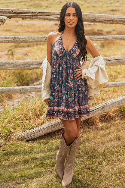 Dark Teal Halter Neck Floral Print Mini Dress