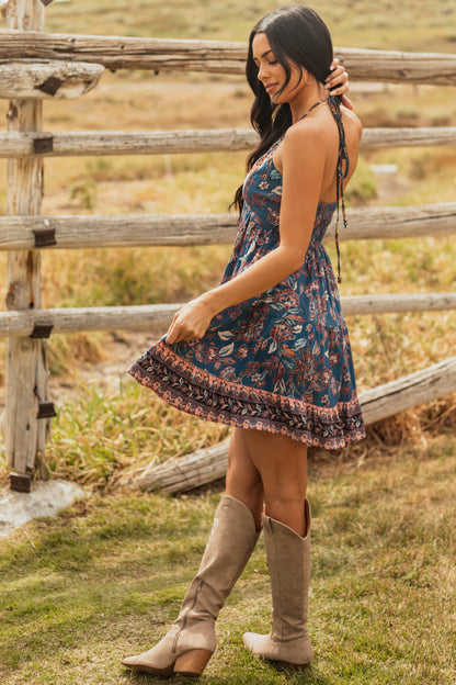 Dark Teal Halter Neck Floral Print Mini Dress