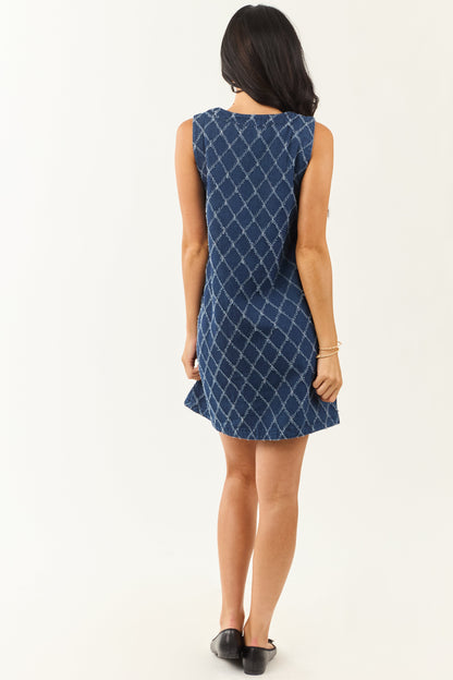 Dark Wash Frayed Geometric Pattern Denim Mini Dress