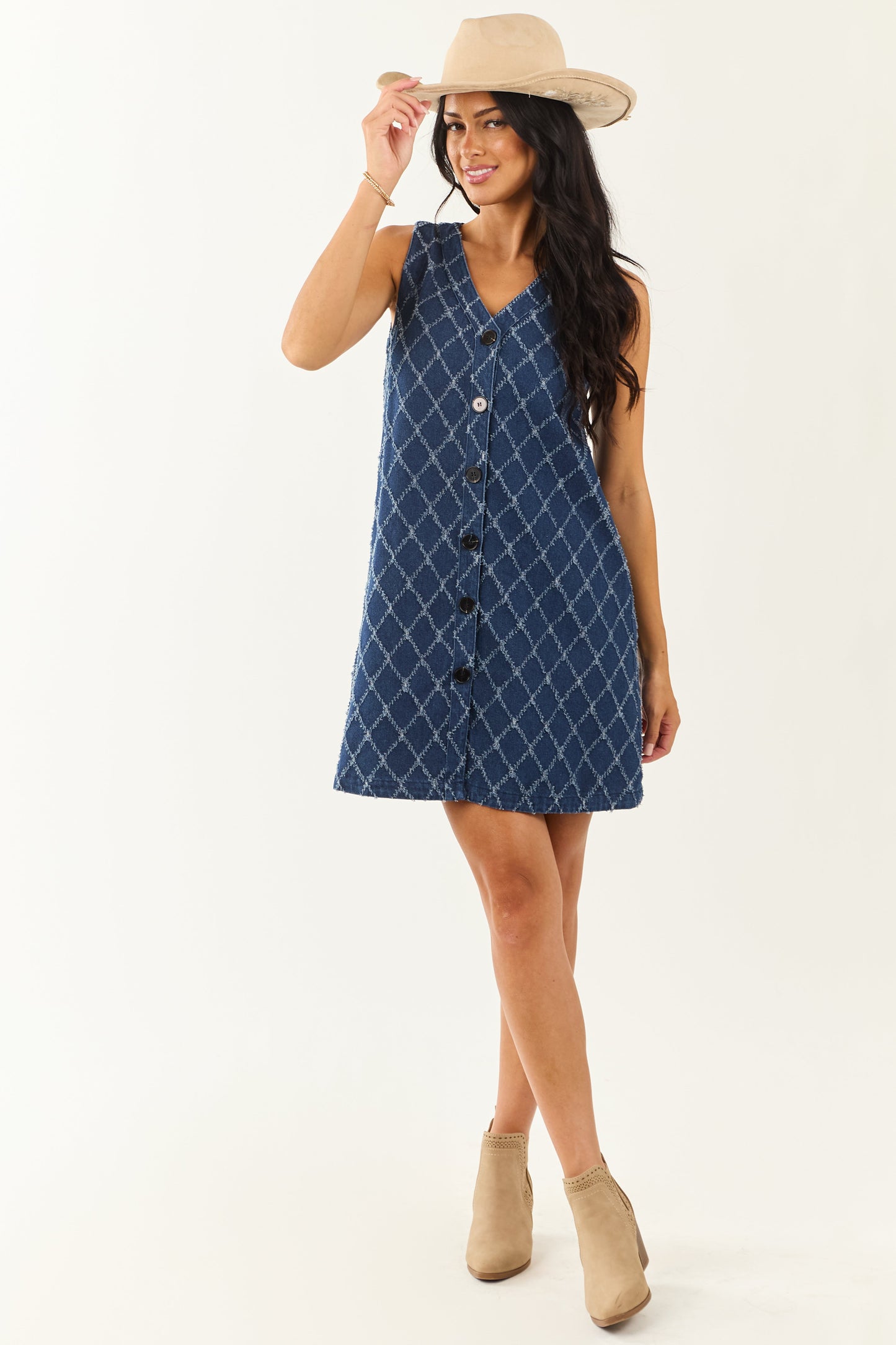 Dark Wash Frayed Geometric Pattern Denim Mini Dress