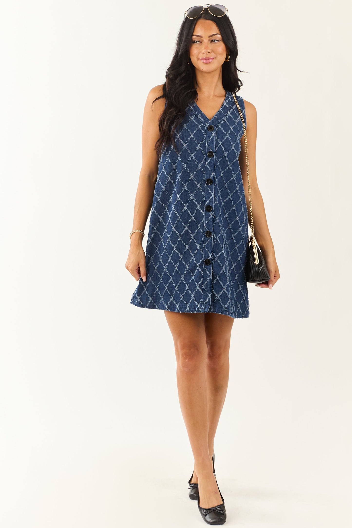 Dark Wash Frayed Geometric Pattern Denim Mini Dress