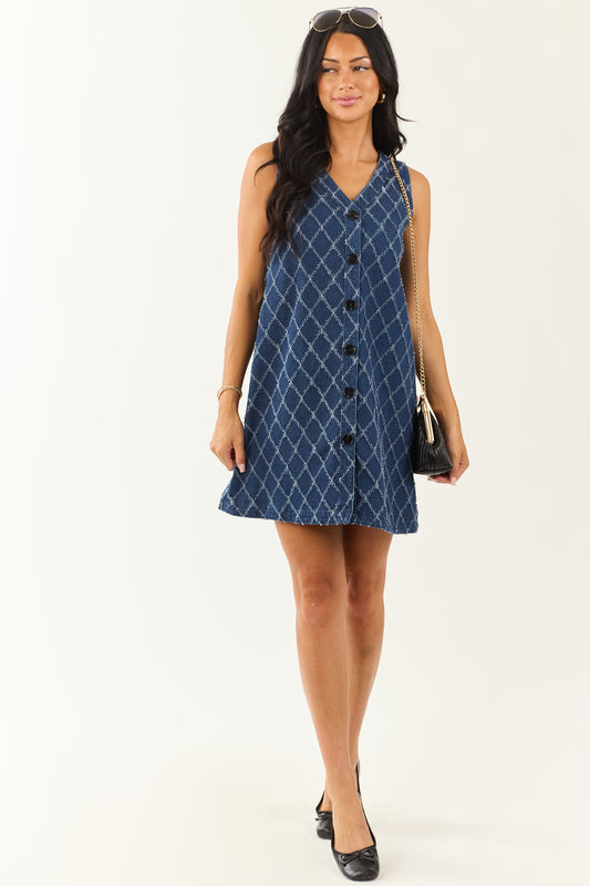 Dark Wash Frayed Geometric Pattern Denim Mini Dress