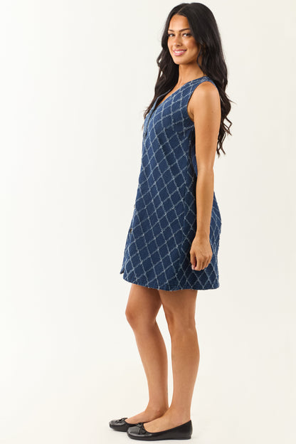 Dark Wash Frayed Geometric Pattern Denim Mini Dress