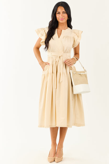 Desert Sand Lace Trim Ruffle Sleeve Cotton Midi Dress