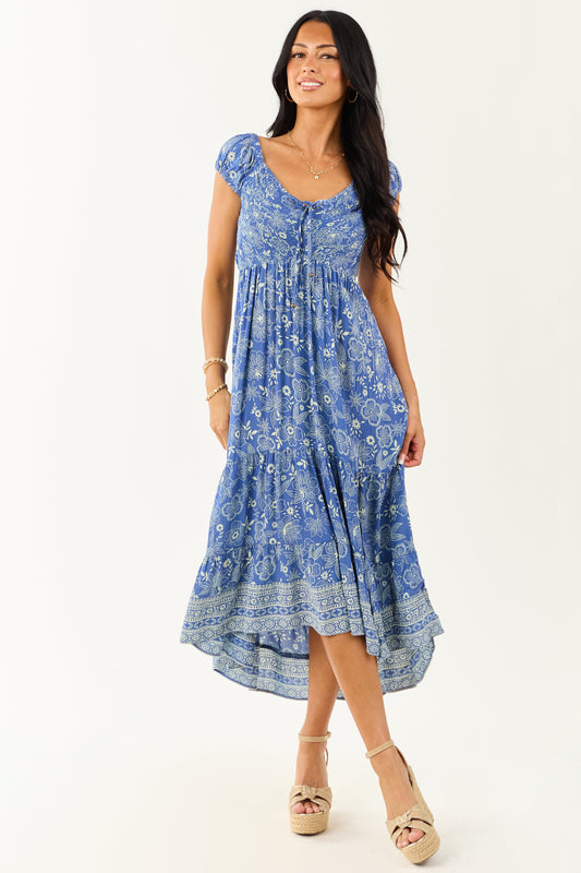 Dusty Blue Smocked Bust Floral Cap Sleeve Midi Dress