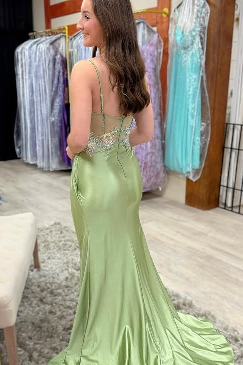 Dusty Sage Sweetheart Spaghetti Straps Appliques Mermaid Prom Dress