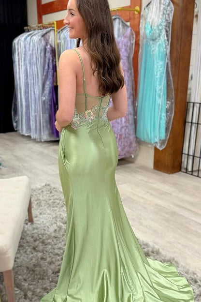 Dusty Sage Sweetheart Spaghetti Straps Appliques Mermaid Prom Dress