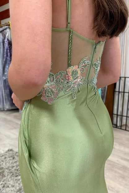 Dusty Sage Sweetheart Spaghetti Straps Appliques Mermaid Prom Dress