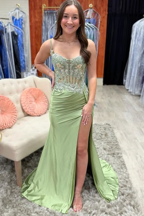 Dusty Sage Sweetheart Spaghetti Straps Appliques Mermaid Prom Dress