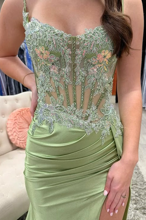 Dusty Sage Sweetheart Spaghetti Straps Appliques Mermaid Prom Dress