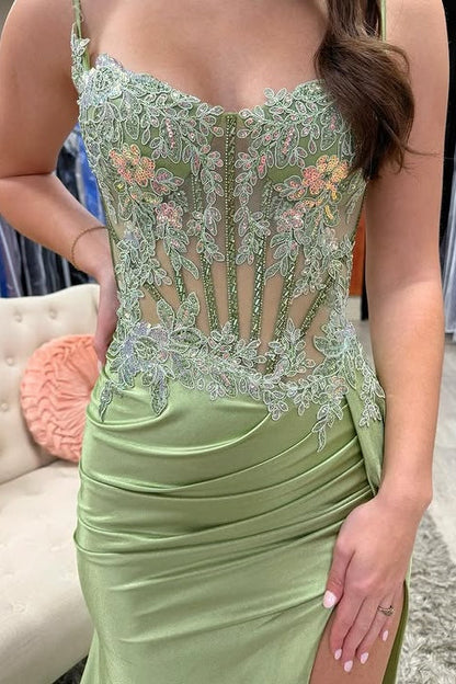 Dusty Sage Sweetheart Spaghetti Straps Appliques Mermaid Prom Dress