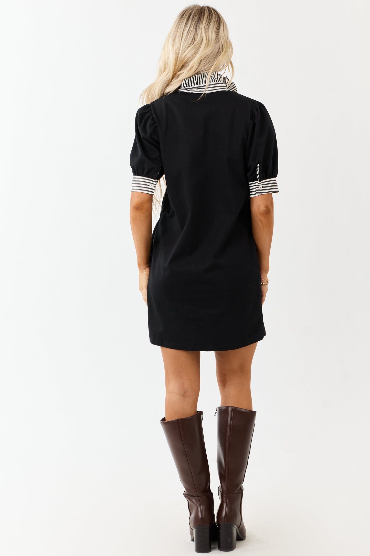 Entro Black Pullover Knit Puff Sleeve Short Dress